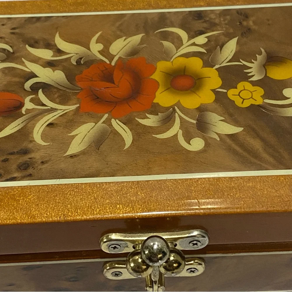 VTG Kimco Japan Wooden Jewelry Box Floral Inlay Red Velvet Lining Mirror READ